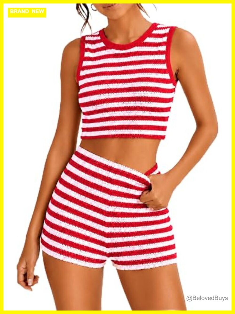 Crochet 2 Piece Short Set Striped Sleeveless Crop Tank Top and Shorts